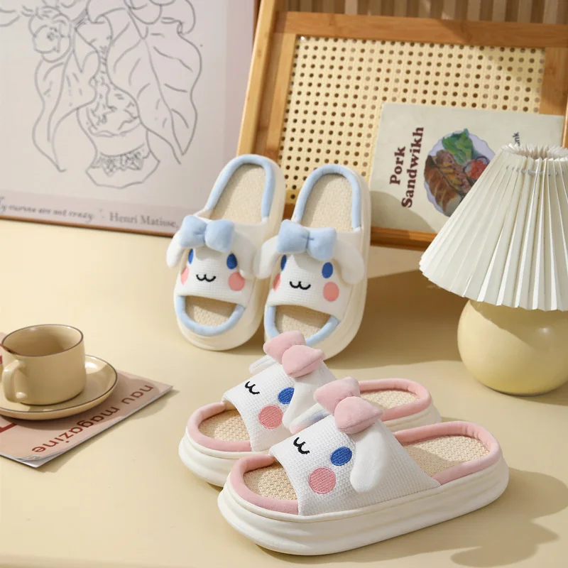 Linen Platform Slippers Women Home Cute Cartoon Designer Shoes Girls Fashion Casual House Slipper Elegant Large Size Open Toe