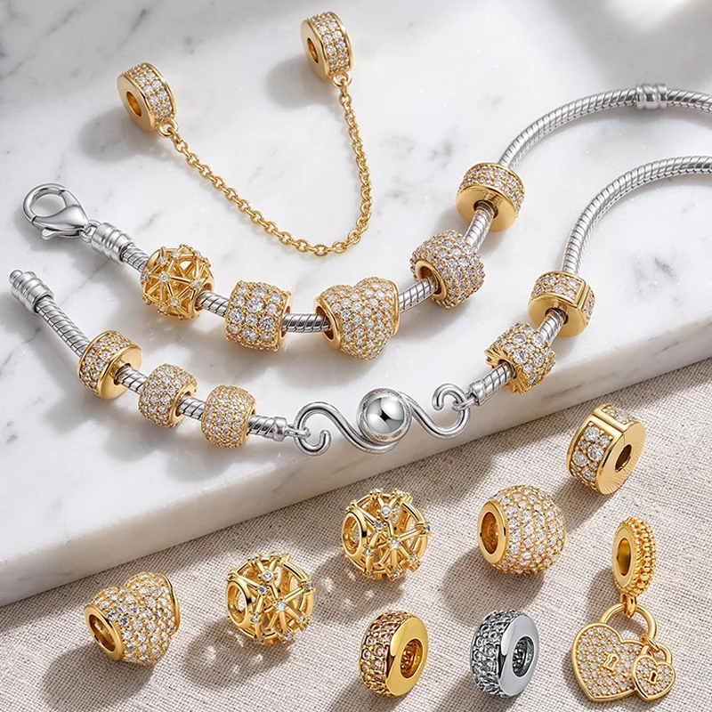 Luxury Style DIY Golden Shiny Heart shaped Circular Hollow Multi-type Charms Bead Pendant Clips For Original Snake Bone Bracelet