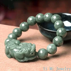 Natural A-grade Jade Money Lucky Pixiu Hand String Ice Bead Bracelet Men's and Women's Jade Bracelet