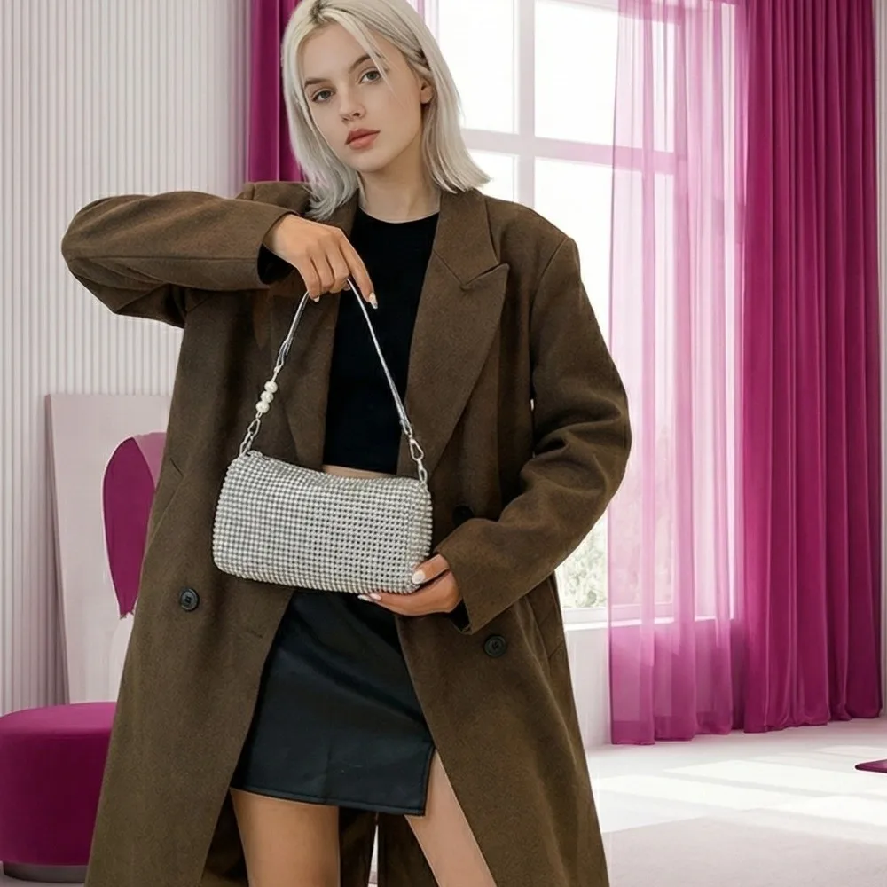 

Retro Shiny Evening Banquet Bag Chain Pearl Glitter Crossbody Bag Underarm Bag Small Purse Rhinestone Hand Bag Women