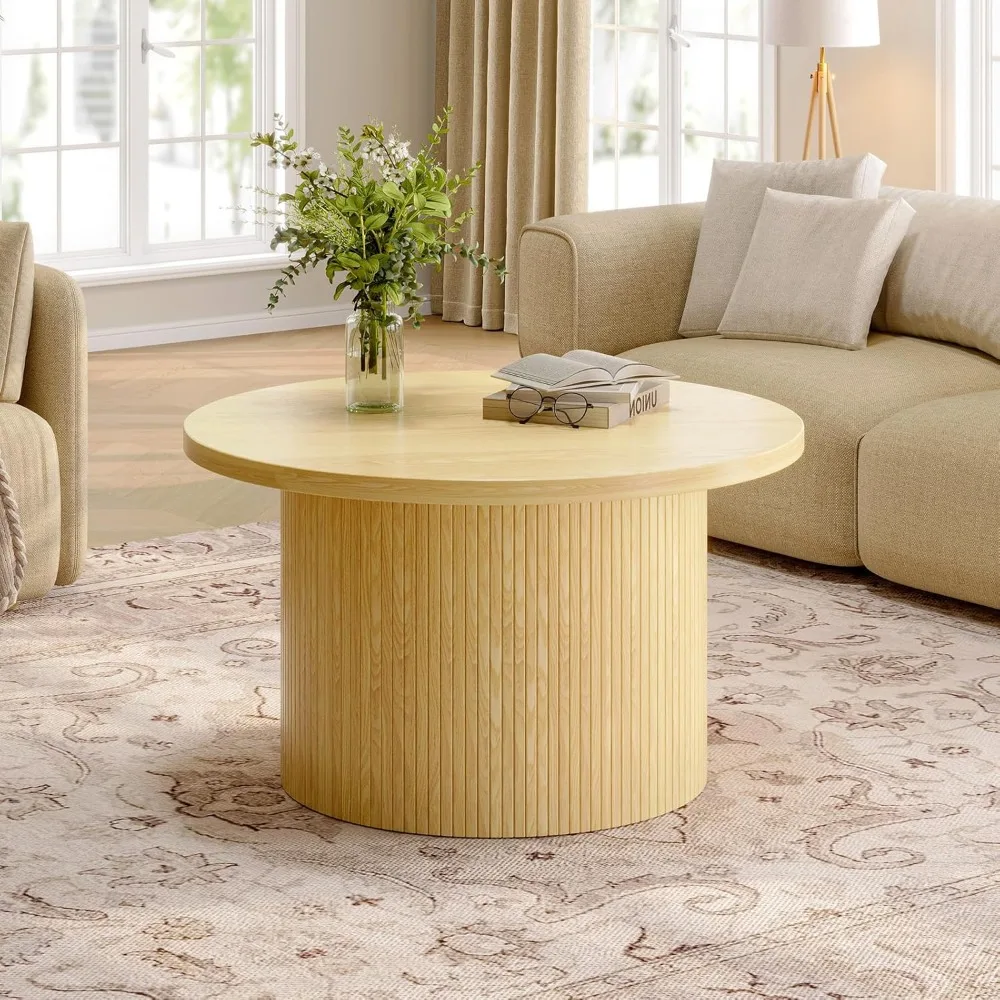 Stolik kawowy okrągły ONBRILL 31.5, stoliki kawowe z klapką do salonu, stolik kawowy w stylu mid-century modern z drewna, akcent w kształcie bębna