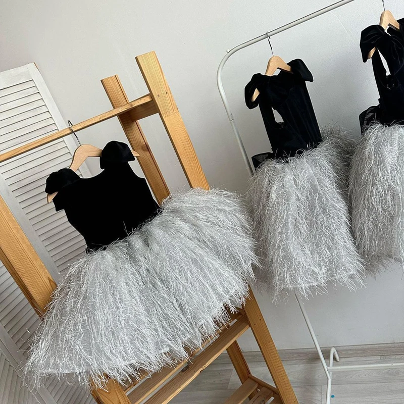 

Black Velvet Flower Girl Dress with Feather 2024 Summer Princess Sleepveless Party Dress