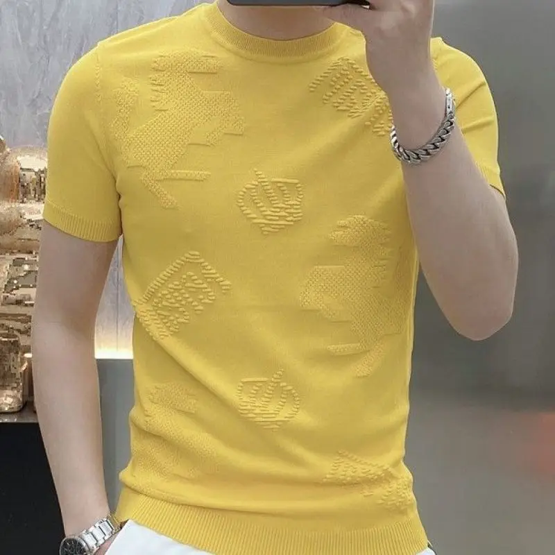 Men's Clothing Summer Jacquard Short-sleeved T-shirt Fashion Trend Slim-fit Round Neck Korean Casual Handsome Top