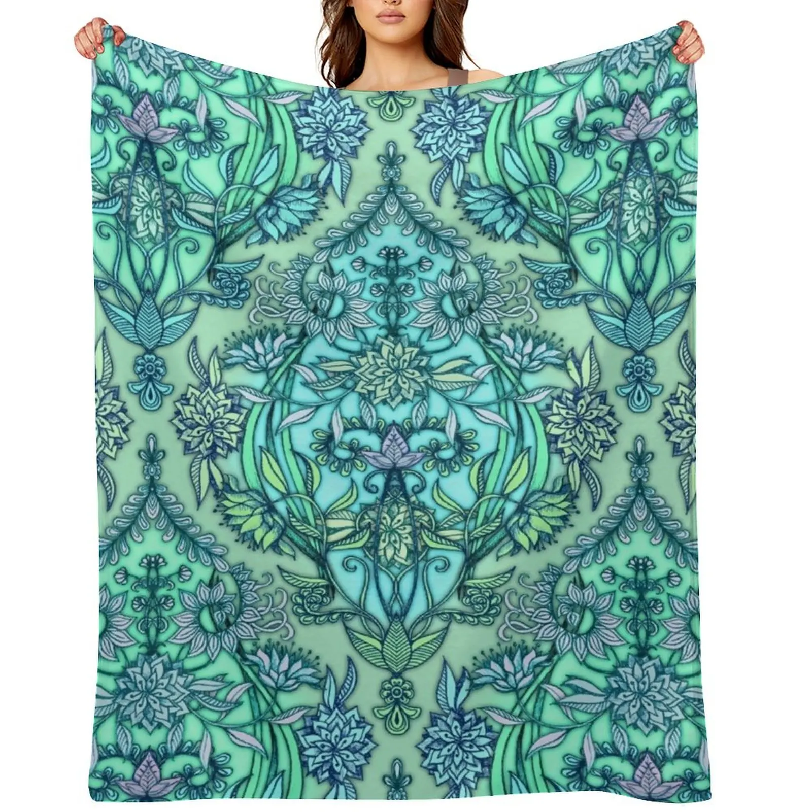 

Botanical Moroccan Doodle Pattern in Mint Green, Lilac & Aqua Throw Blanket Camping Flannels Thermal Quilt Blankets