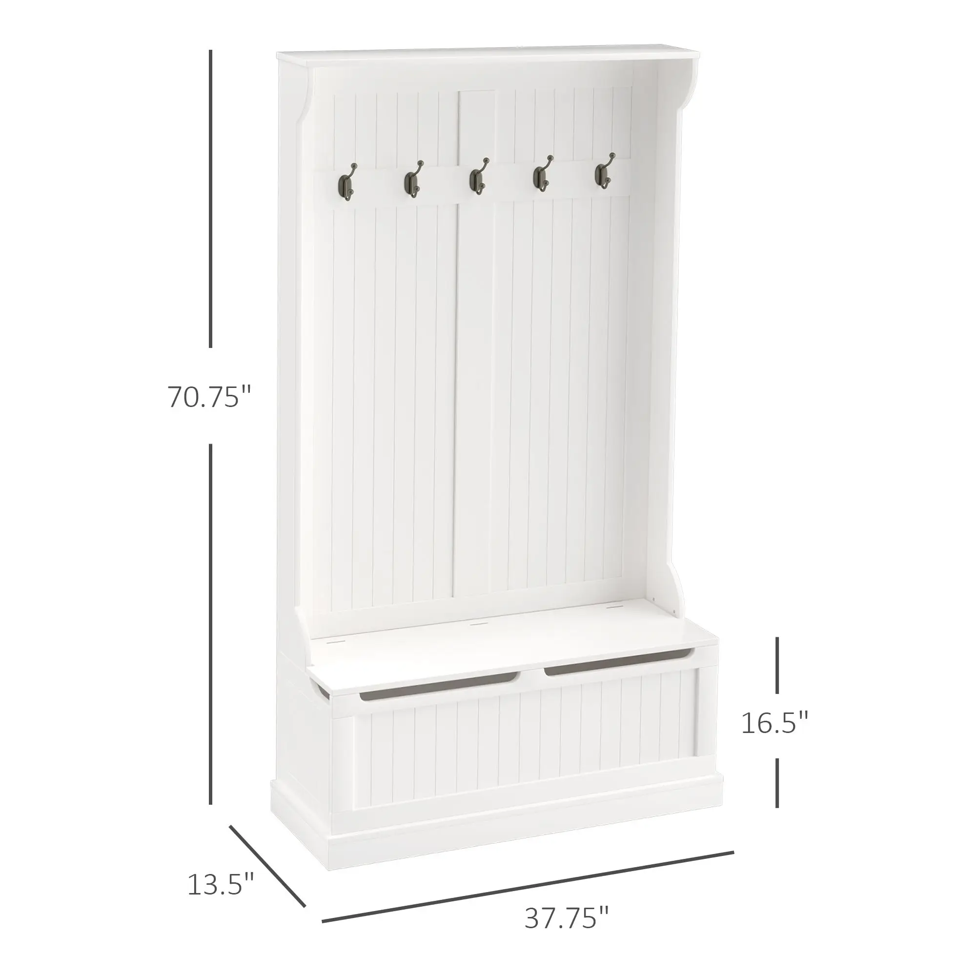 71" Hall Tree with Storage Bench, 3-In-1 Coat Rack, White Entryway Organizer view 3