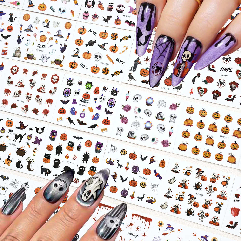 30 pezzi 3D simpatico cartone animato Halloween adesivo per unghie 6x5 cm gatto nero/zucca/teschio/murciélago/fantasma decalcomanie per unghie per Halloween manicure Decorati