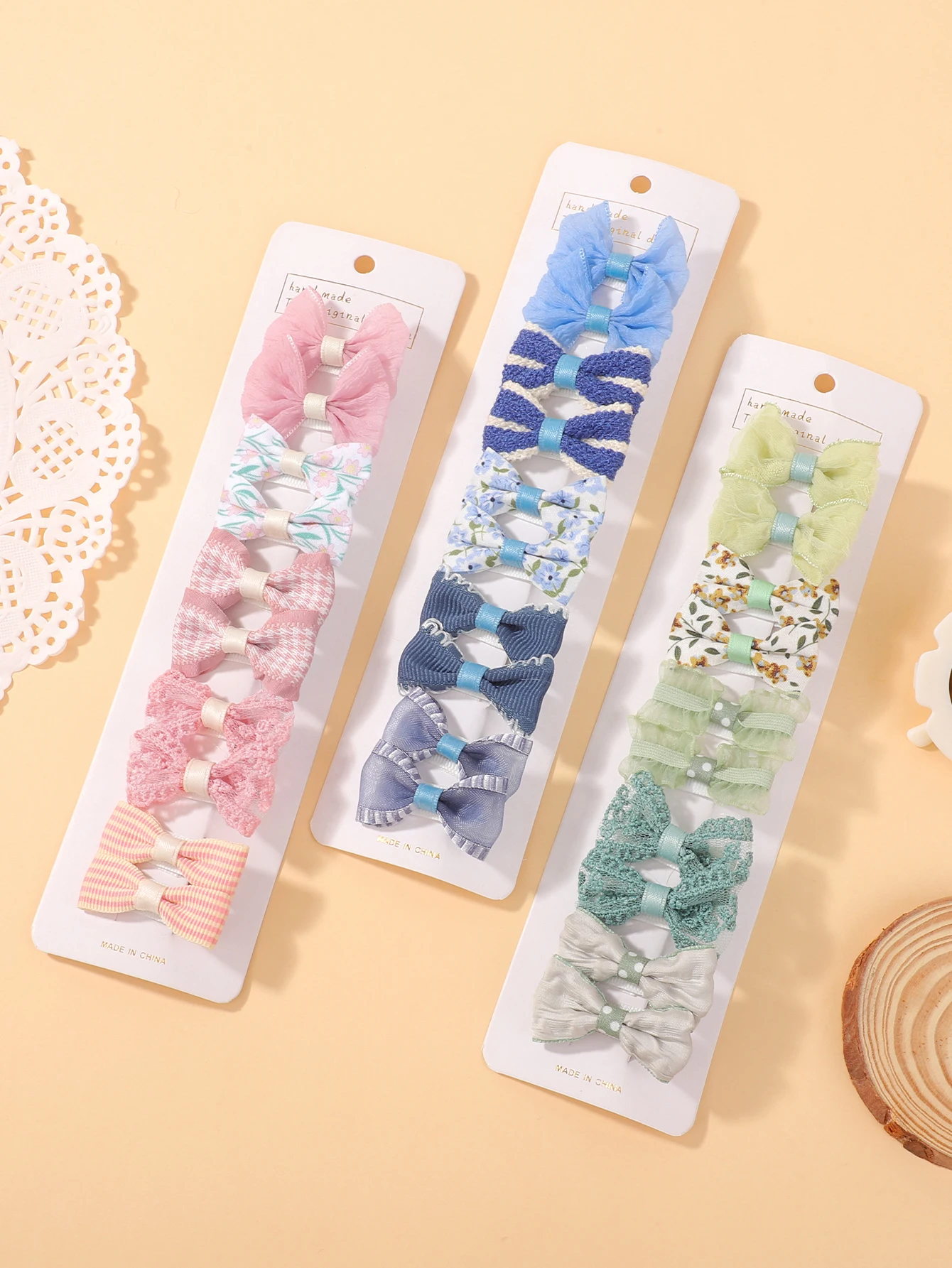 10-teiliges Blumen-Schleifen-Haarspangen-Set für Babys, Kleinkinder, Winter-Druck, Haarnadel, Mini-Baumwollspitze, handgefertigt, Kinder-Haar-Accessoires – Detail 4