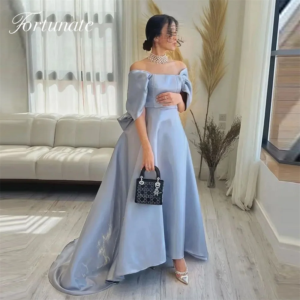 

Fortunate Light Blue Evening Dresses With Bow on Back Saudi Bubai Satin A Line Prom Party Gowns Celebrity فستان حفلات الزفاف