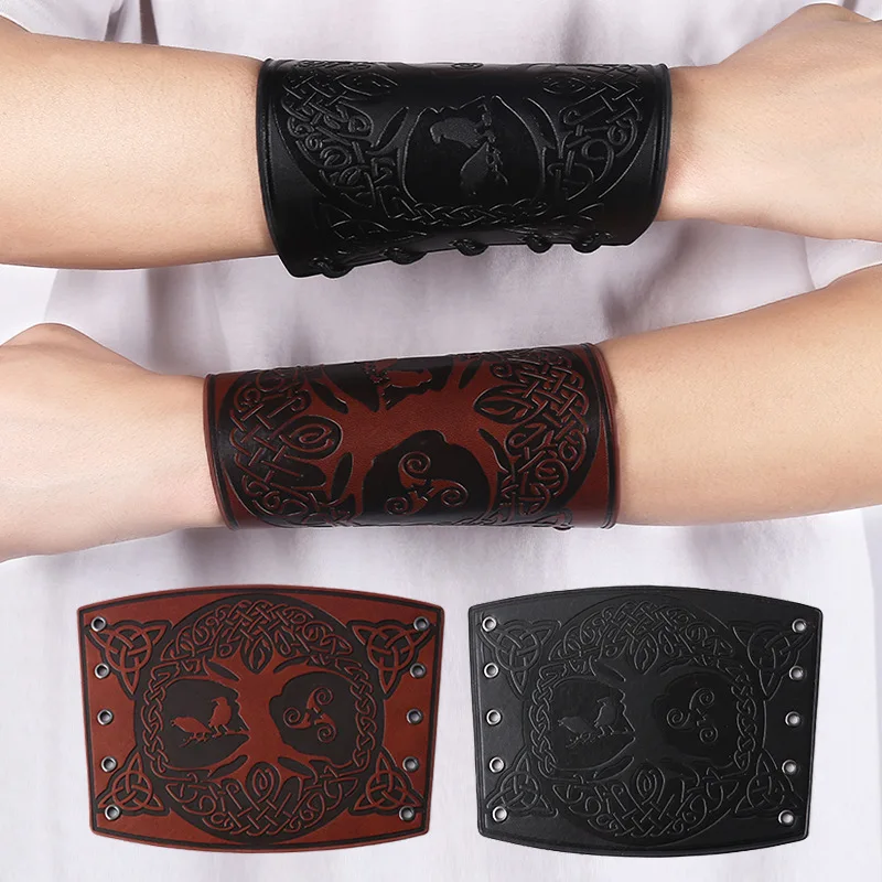 Fashion Punk Wide Leather Bracelet Arm Armor Cuff Wrist Guard Viking Tree of Life Pattern Wide Bracer for Fancy Dress Stage Show