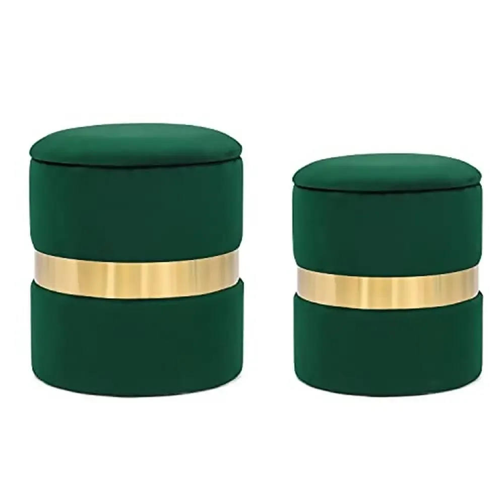 Elegant Velvet Storage Ottoman Set of 2 with Hidden Compartment Living Room Bedroom Vanity Stool Gold Belt Design Durable