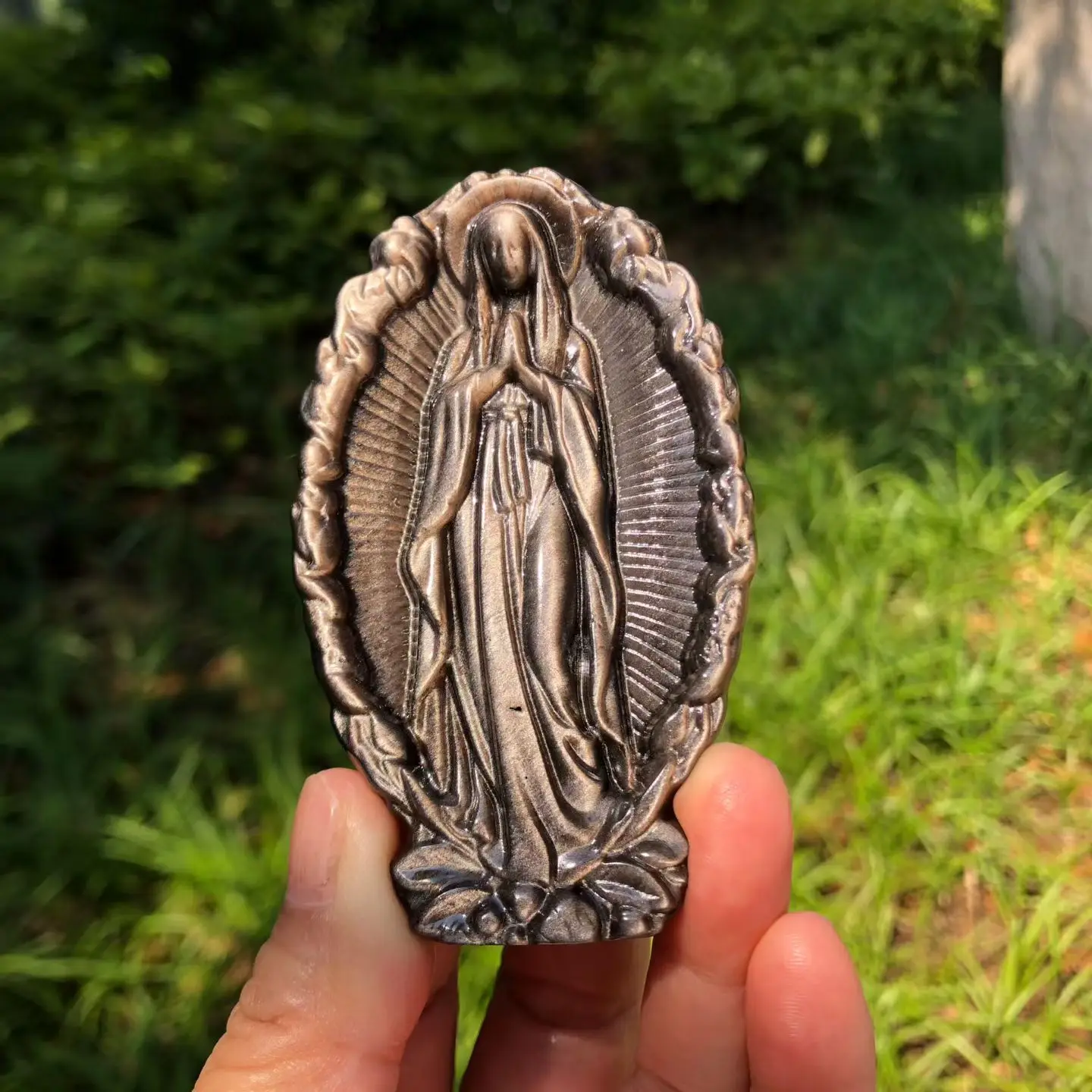 1PC Natural Quartz 8cm Silver Obsidian Madonna Statue Carving Healing Mineral Polished Home Decor Ornament Figurine Gift