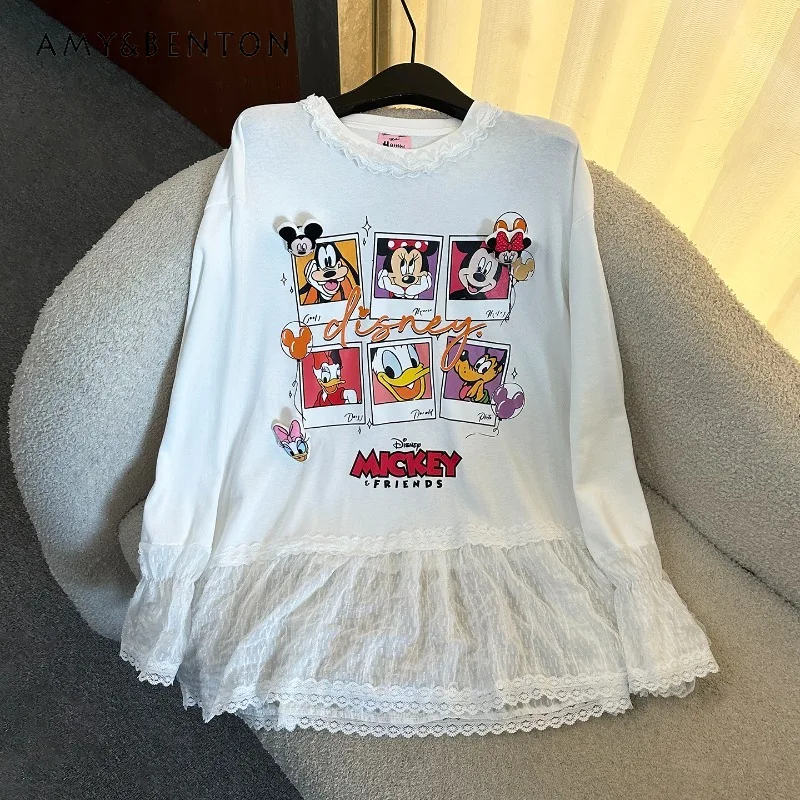 

Кружевная лоскутная футболка с длинными рукавами и мультяшным принтом, женская свободная повседневная рубашка с милым низом, топ, осень 2024, новые футболки, пуловер