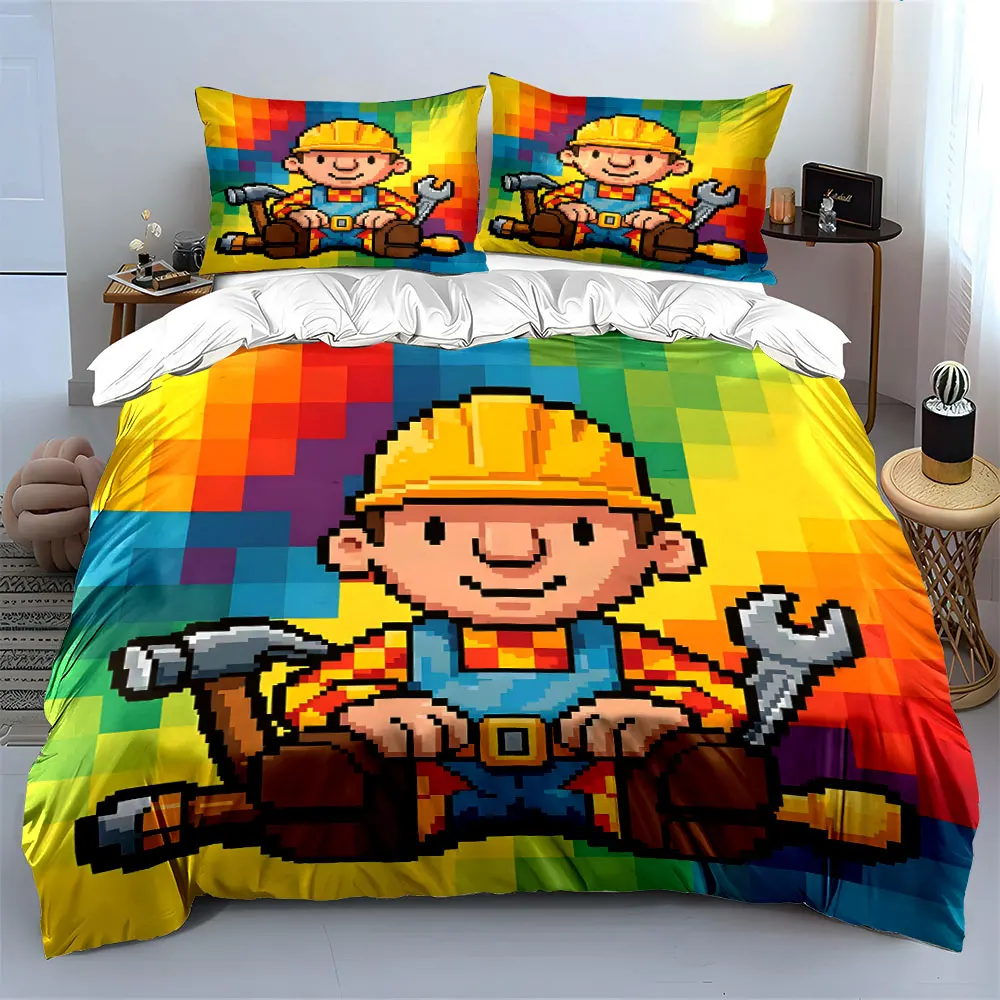 Pixel-styled cartoon repairman Pattern Duvet Cover Set Digital Print Colorful Polyester Bedding with Zipper Closur for kids gift