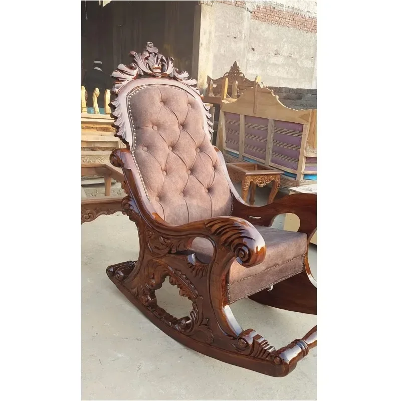 Solid teak antique style rocking chair, solid wood retro style European maharaja style, contemporary design recliner