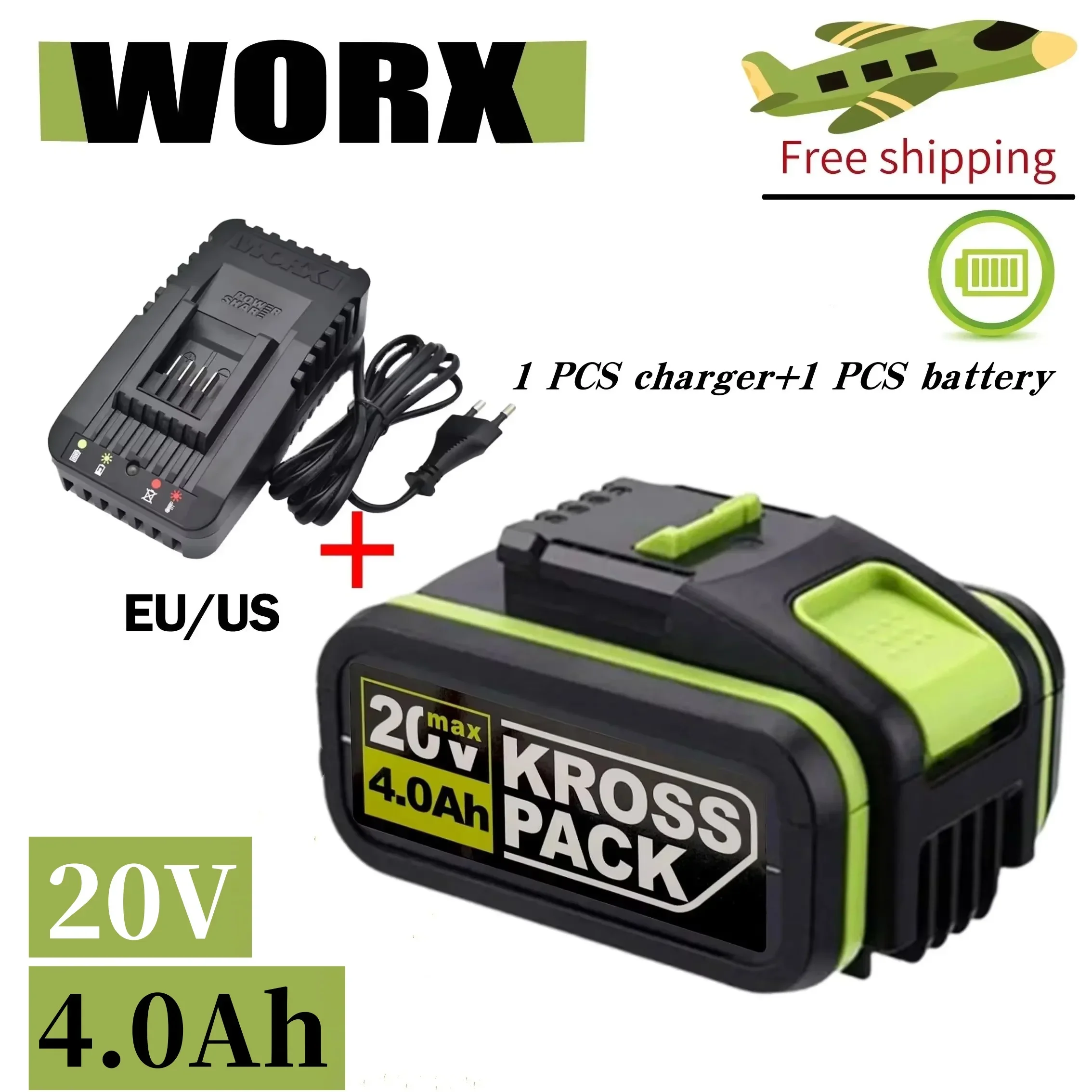 Worx electric tool WA3551 WA3553 WX390 WX176 WX178 WX386 WX678 20V4000mAh lithium-ion rechargeable replacement battery+Charger