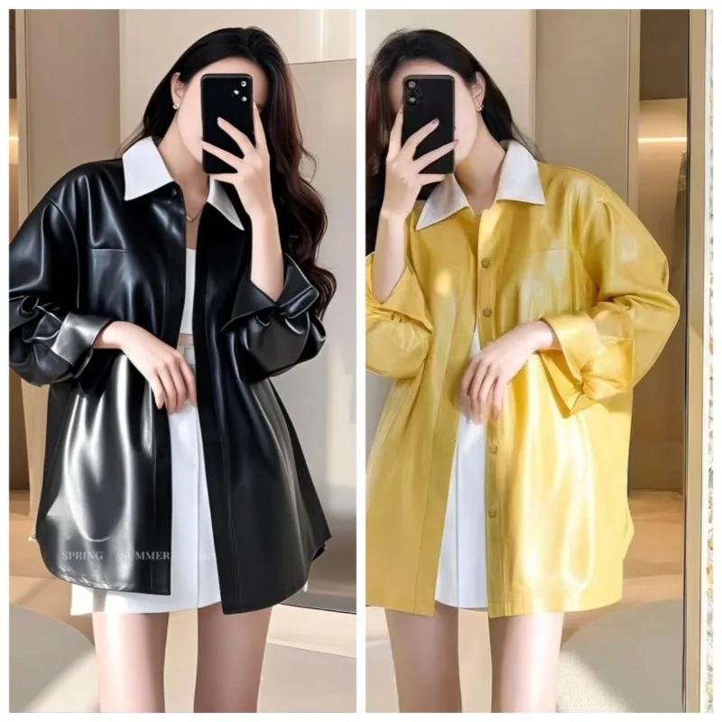 This Year's Popular Explosion of Small Korean Version Unique Super Beautiful Small Fragrance Black Yellow Leather Shirt Coat