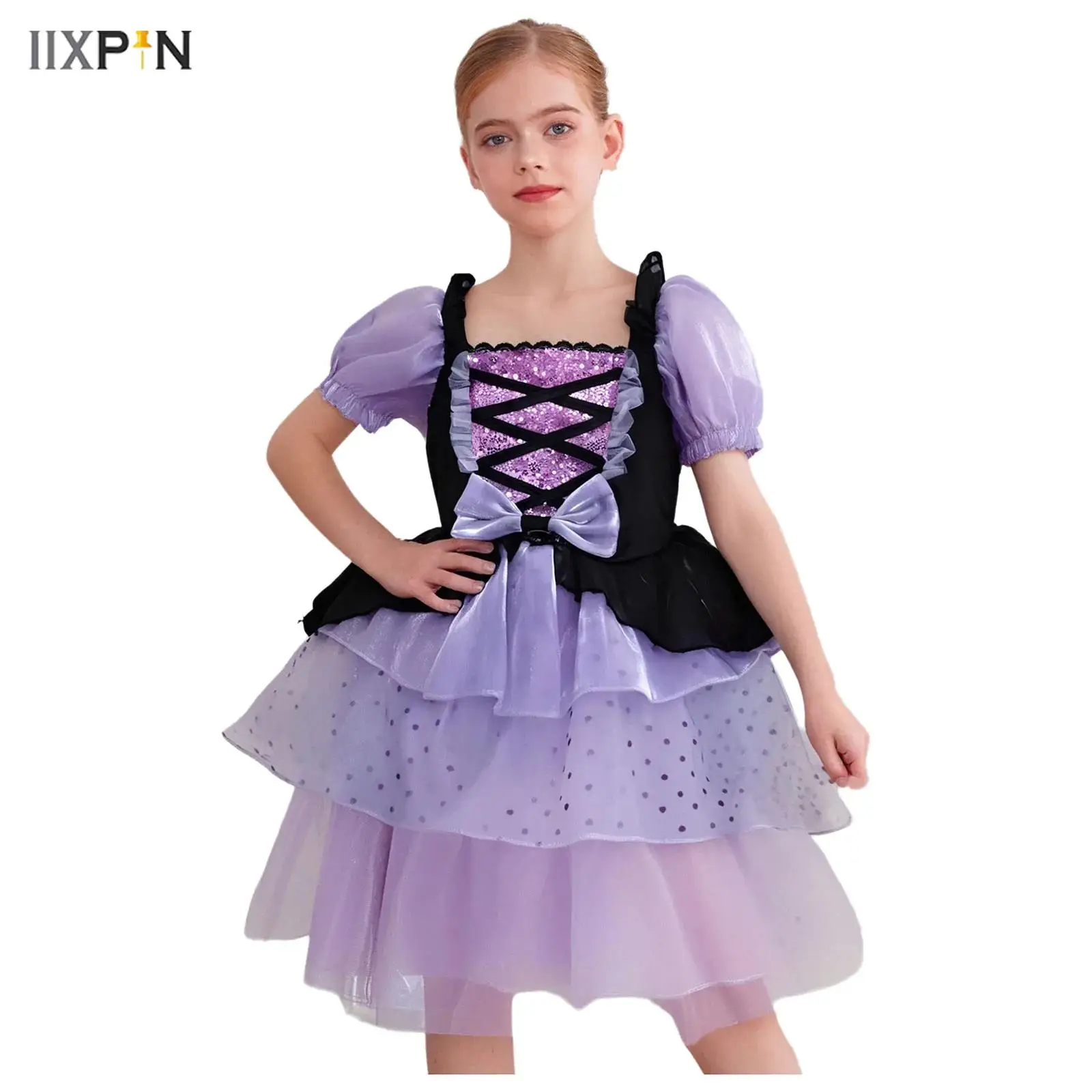 

Girl's Witch Princess Dress Square Neck Puff Ruffled Sleeve Bow Mesh Layered Puffy Skirt Dress for Halloween Raves Party Cosplay