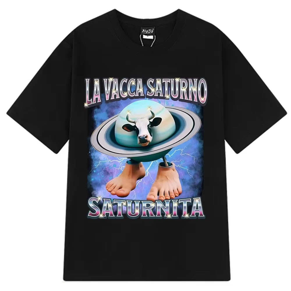 

2025 La Vacca Saturno Saturnita, забавные футболки с изображением коровы и мема, мужская одежда, модная футболка с юмором, повседневная хлопковая футболка, уличная одежда