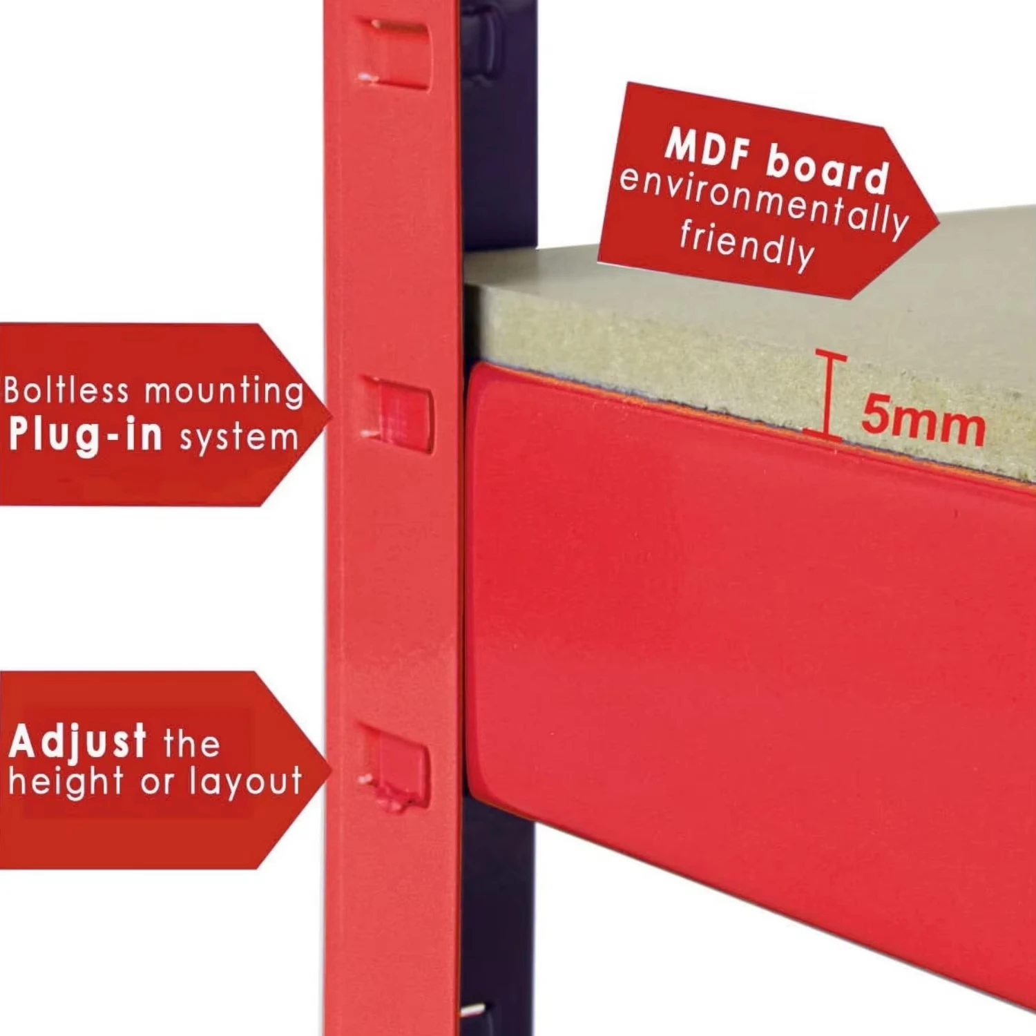 رف تخزين عالي التحمل من 5 طبقات باللون الأحمر 875 كجم، وحدات رفوف معدنية خالية من الأدوات قابلة للتعديل لمستودع المرآب 180X90X40CM