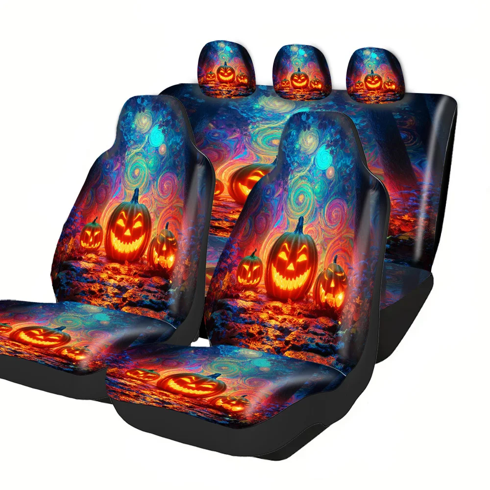 Car Seat Covers - Halloween Pumpkins Spiral Patterns Forest Scene PolyesterSUV Halloween Christmas New Year Easter Fit Auto Sea