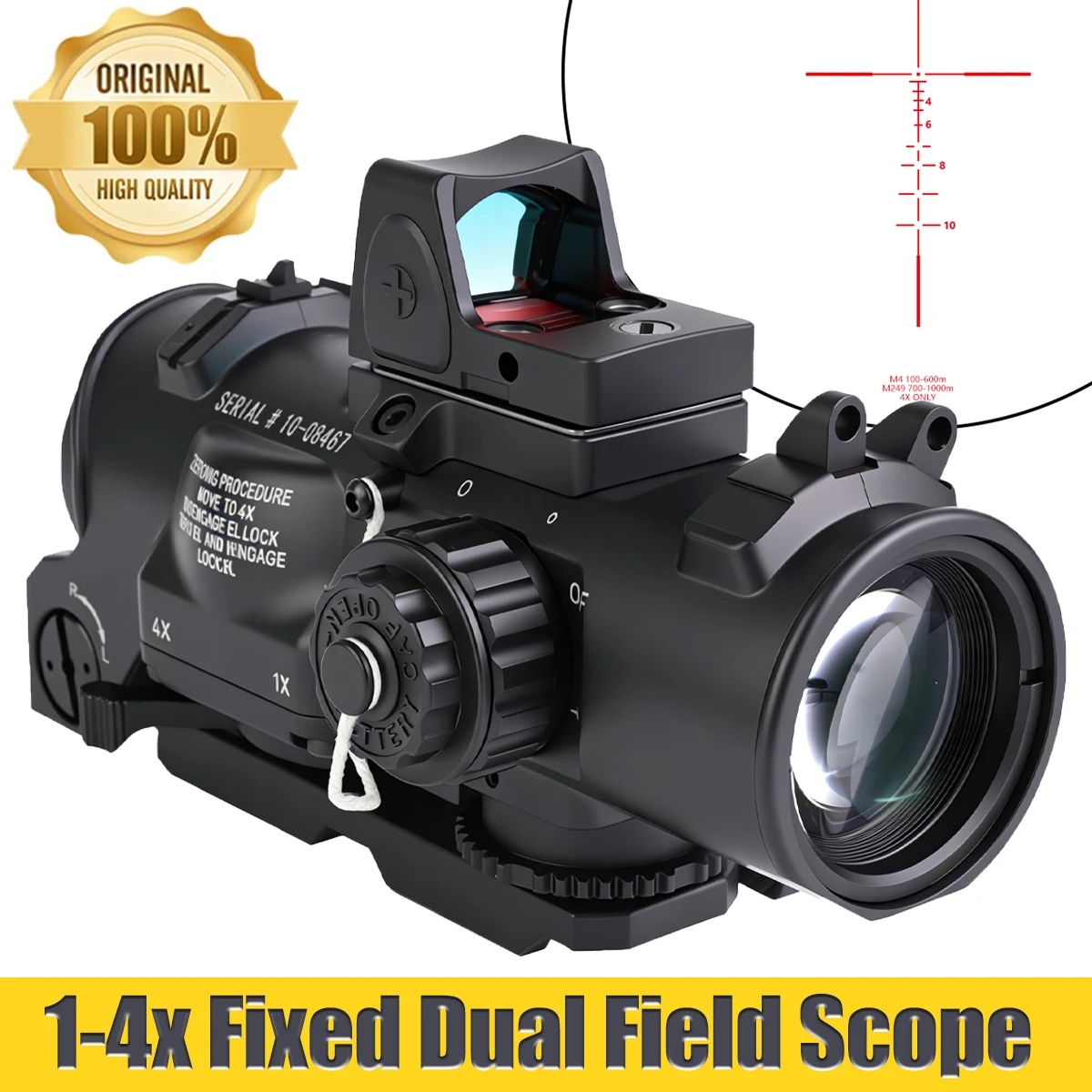 Hot New 1-4x Fixed Dual Role Purpose Red Illumination Scope with Mini Red Dot Sight for 20mm Rail Hunting Tactical Combo