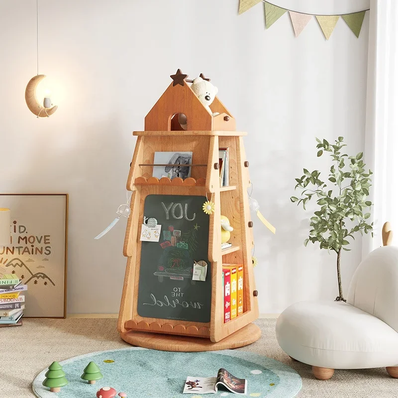 Kids Christmas Tree Toy Storage Rack Solid Wood Cabinet Shelf Magnetic Chalkboard Children's Picture Book Shelves Bookcase