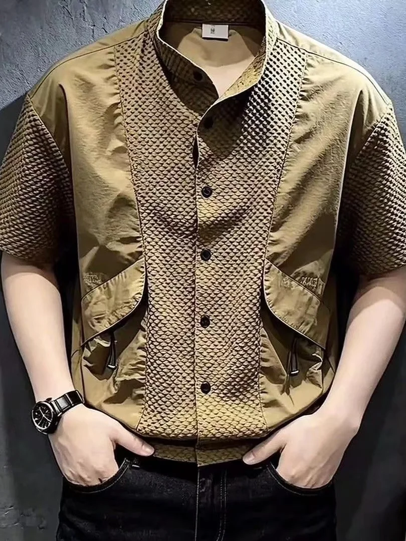 Summer Men's Stand Collar Patchwork Short Sleeve Shirt Trendy Versatile Handsome Half Sleeve Youth Popular Daily Wear Polyest...