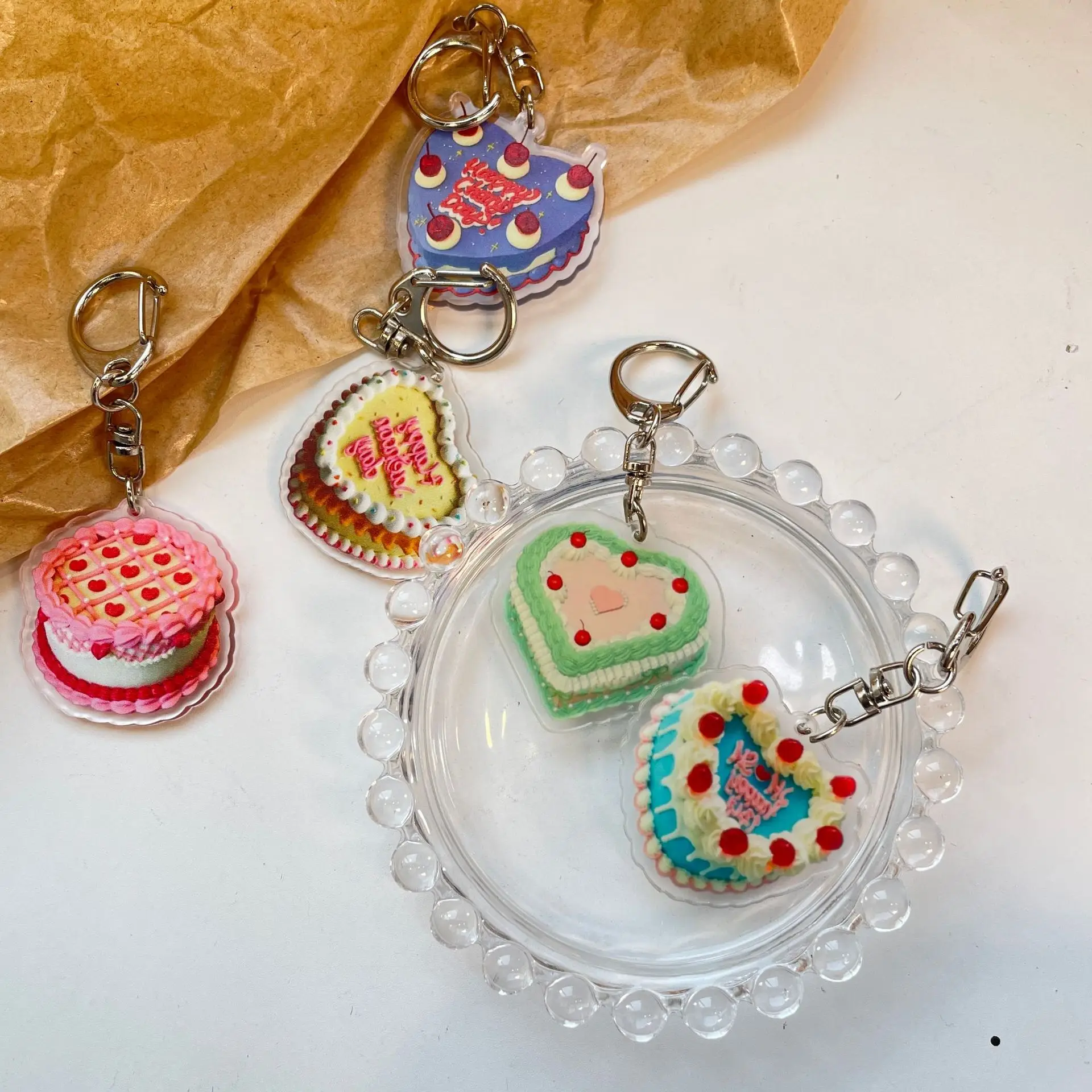 INS Birthday Cake Shape Keychain Acrylic Cake Pendant Couple Backpack Key Chain Earbud Case Accessories Jewelry Creative Gifts