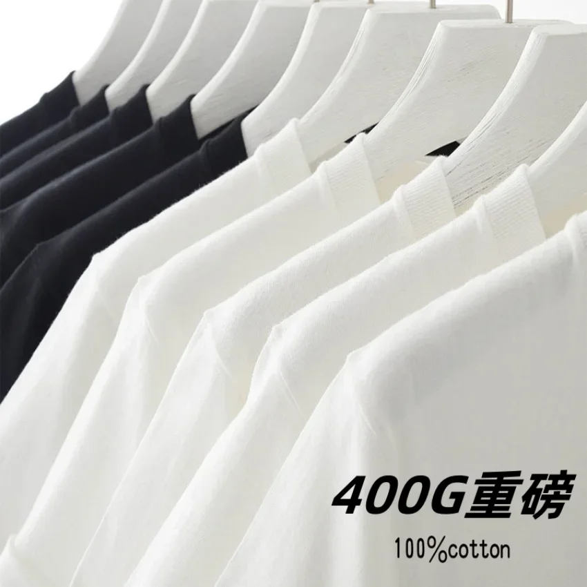 Double Yarn 400G Heavy Duty Short Sleeve T-shirt Men Summer Pure Cotton Thick Small Neckline Pure White American Half Sleeve