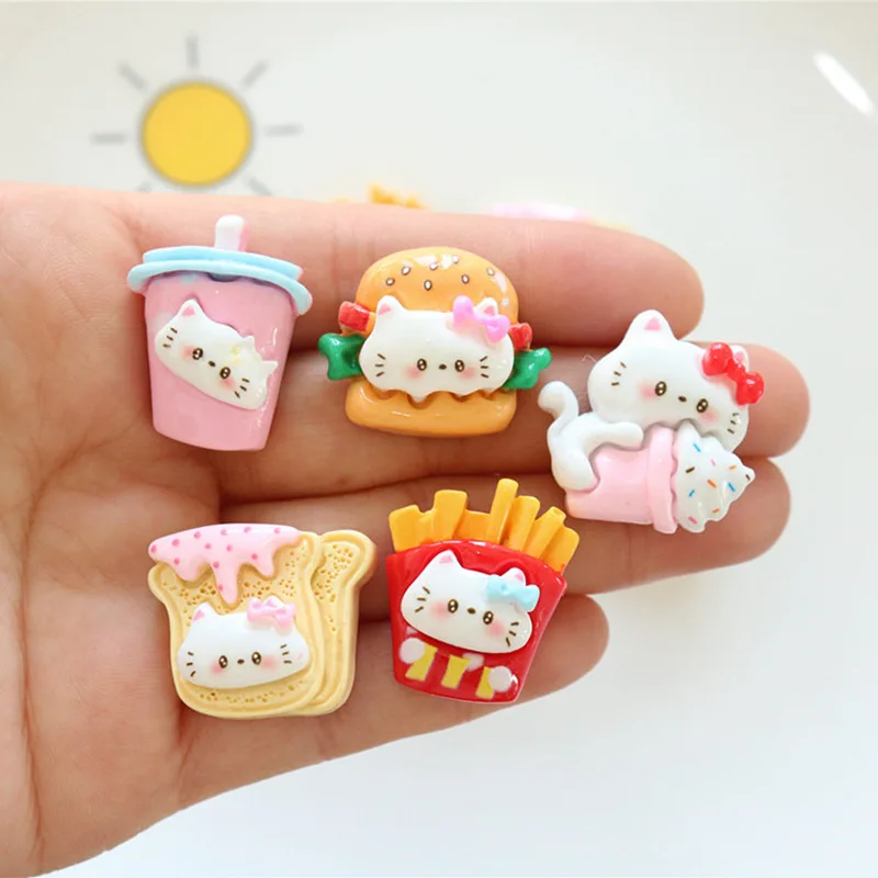 10 Pcs New Kawaii Cartoon French Fries, Hamburger Kittens Resin Scrapbook Diy Jewelry Party Children Gift Hairpin Accessories