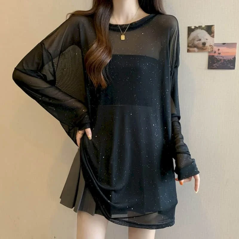 

T-shirts for Women Harajuku Sexy Ice Silk O-neck Sunscreen Tops Casual Korean Style Sequin Design Long Sleeve Summer Clothes