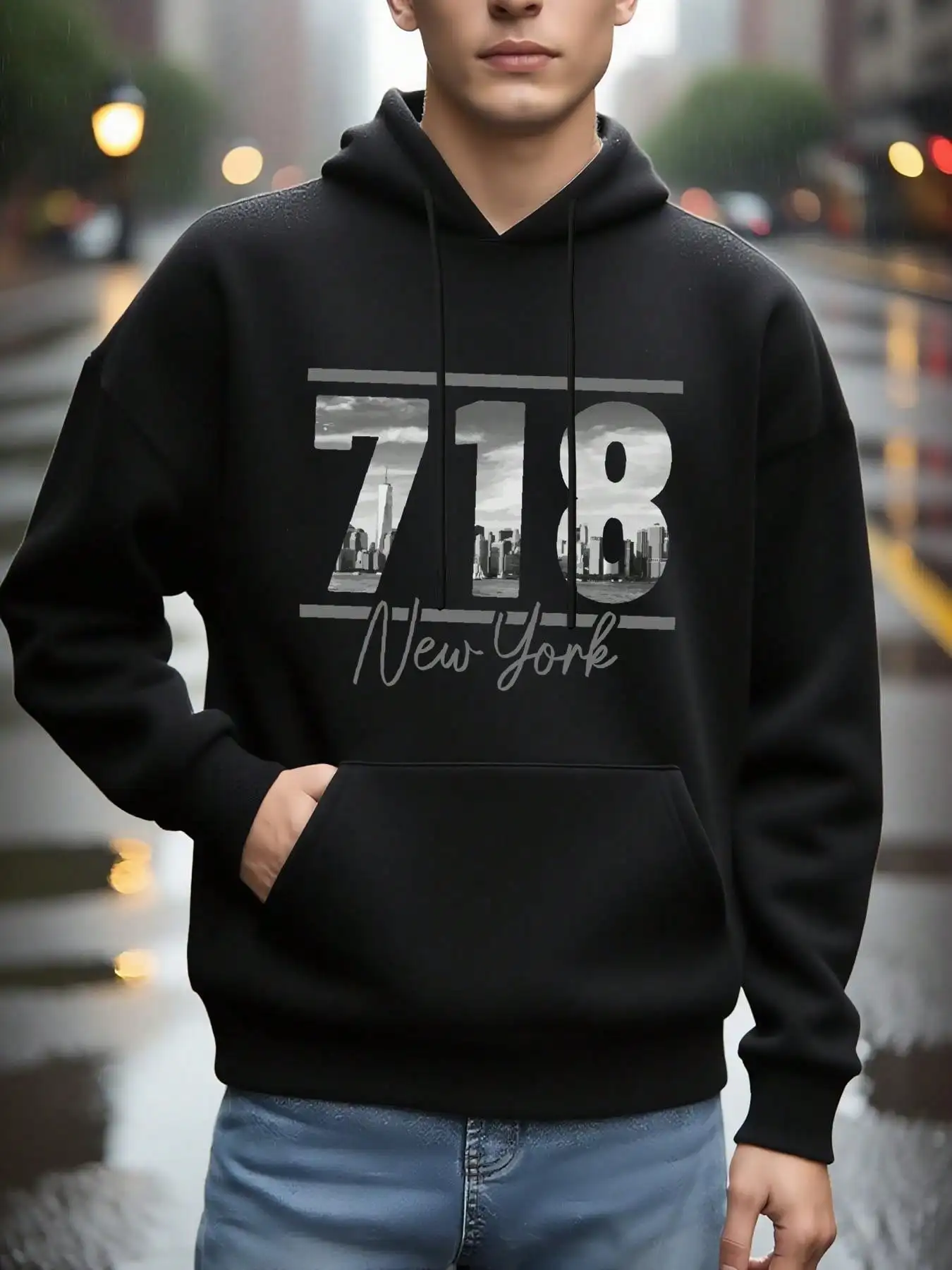 Men Front Print Hoodie, 718 New York Area Code City Skyline Graphic Hooded Sweatshirt, Urban City‑Theme Casual Loose Pullover Hoodie