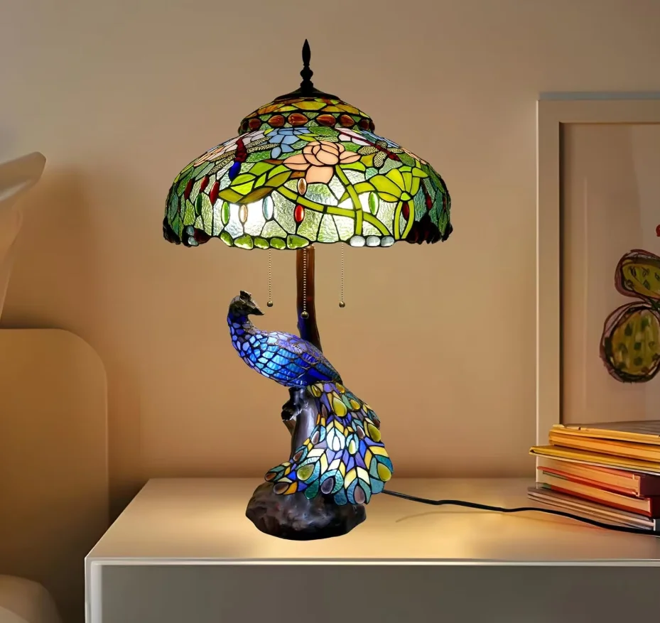 30-Inch  Table Lamp Traditional American Style Living Room Bedroom Study Lamp Luxurious Villa Hotel Stained Glass Lamp