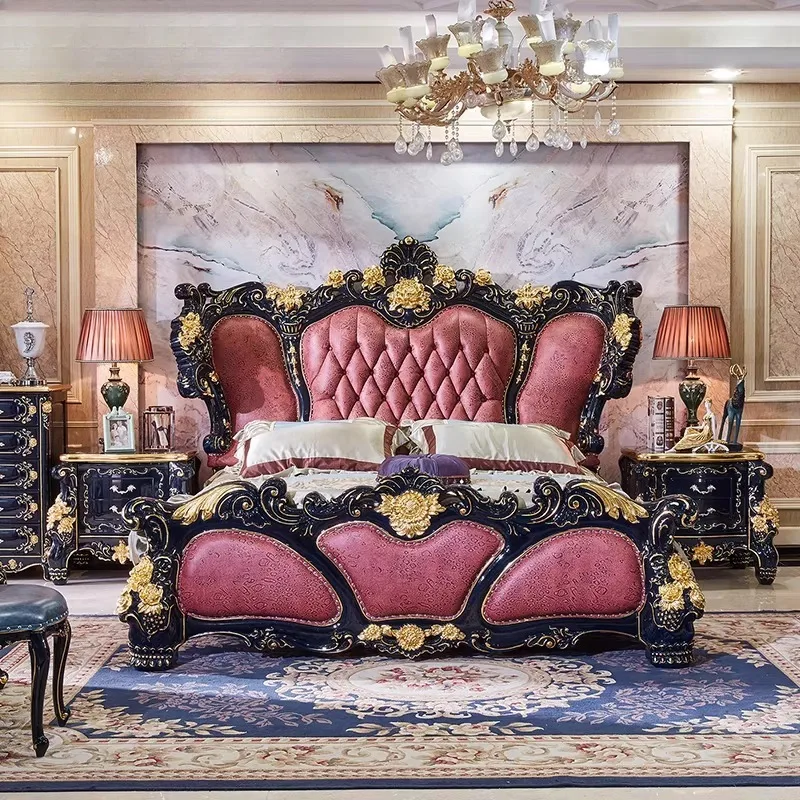 Solid wood bed, leather ebony princess bed 1.8 meters master bedroom wedding bed