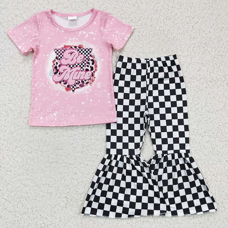 

Baby Girl Valentine's Day Kids Be Mine Set Toddler Pink Short Sleeves Shirt Tee Outfit Children Spring Plaid Bell Bottom Pants