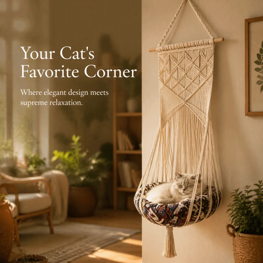 1 set of 3 Handcrafted Macrame Cat Hammock Multipurpose Use Cotton Rope Woven Cat Bed Wall Mountable Beige Hanging Cat Bed