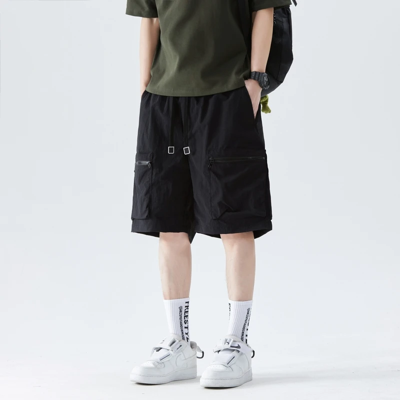Youthful Vitality Safari Style Casual Shorts Men's Clothing Stylish Zipper Pockets Spliced Summer Loose Solid Color Knee Pants