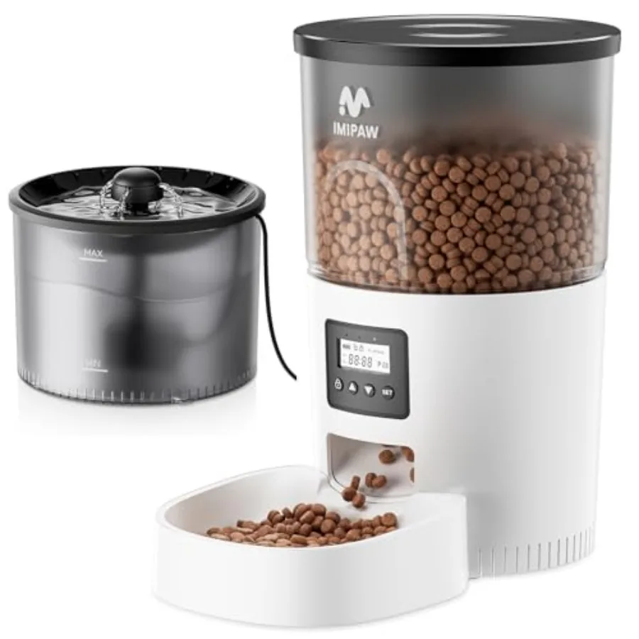 

Автоматическая кормушка и фонтанчик для воды с миской из нержавеющей стали, белый дизайн, сохраняет свежесть корма и чистоту воды для кошек