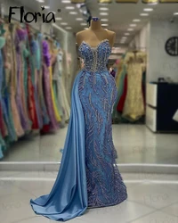 Beautiful Blue Glitter Evening Dress Dubai Strapless Side Train Beading Wedding Party Gowns Formal Occasion Dresses  Robe Soirée