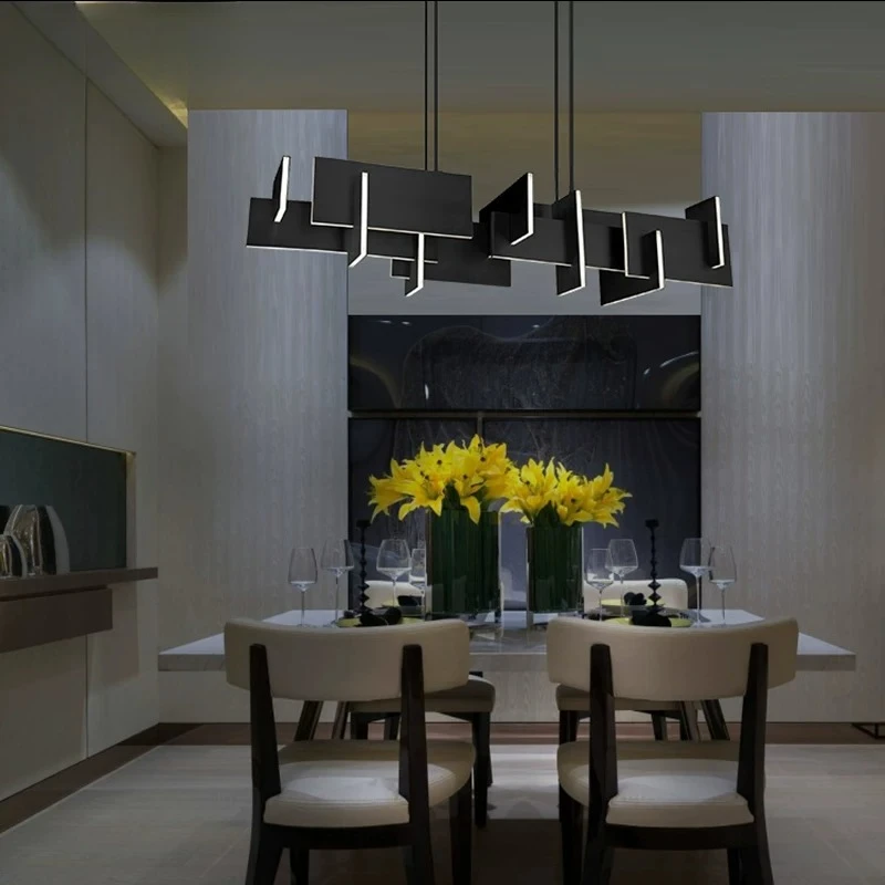 Modern Geometric Linear Chandelier Brushed Gold Tiered Pendant Light Abstract Overlapping Layered LED Hanging Lamp for Dining