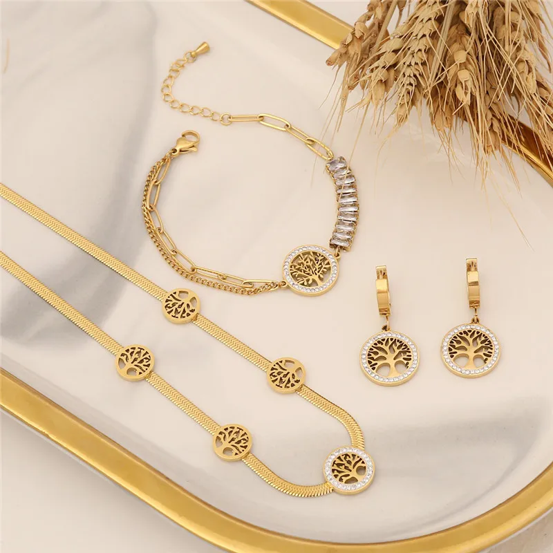 316L Stainless Steel Blade Chain Hollow Circular Pattern Life Tree Full Of Zircon Pendant Necklace Bracelet Earring Set