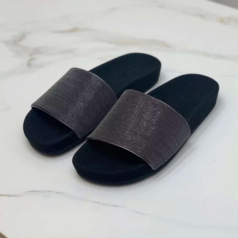 Bling Metal String Bead Decor Flat Slippers Women's Open Toe Thick Bottom Slippers Summer Outdoor Vacation Beach Shoes Slides
