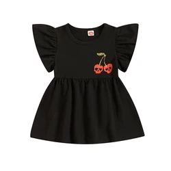 Little Girls Halloween A-line Dress Flying Sleeve Crewneck Cherry Skull Embroidery Dresses