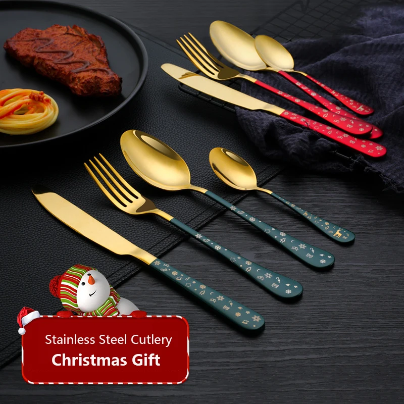 4PCS Stainless Steel Cutlery Set Fork Spoon Knife Classic Christmas Pattern Tableware Mirror Polished Durable Flatware