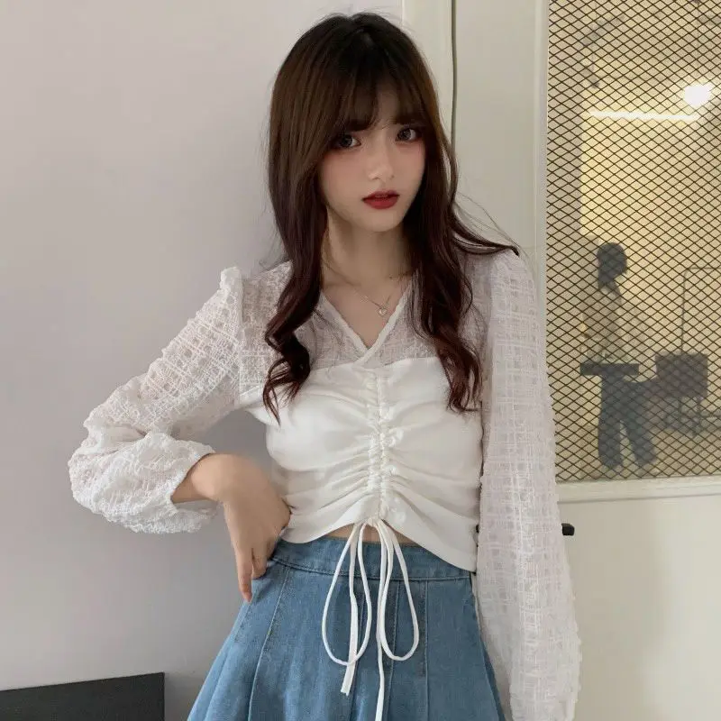 Long Sleeve Blouses Women V-neck Drawstring Patchwork Sweet Crop Tops Korean Fashion Design All-match Aesthetic Clothes Newly