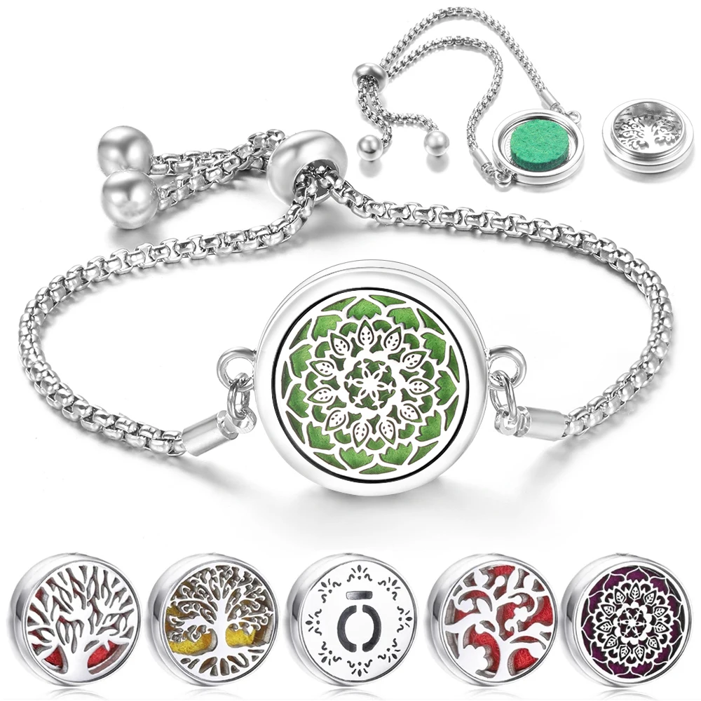 Trendy Flower Stainless Steel Pattern Aromatherapy Bracelet Essential Oil Diffuser Perfume Lockets Women Charm Bracelet Jewelry