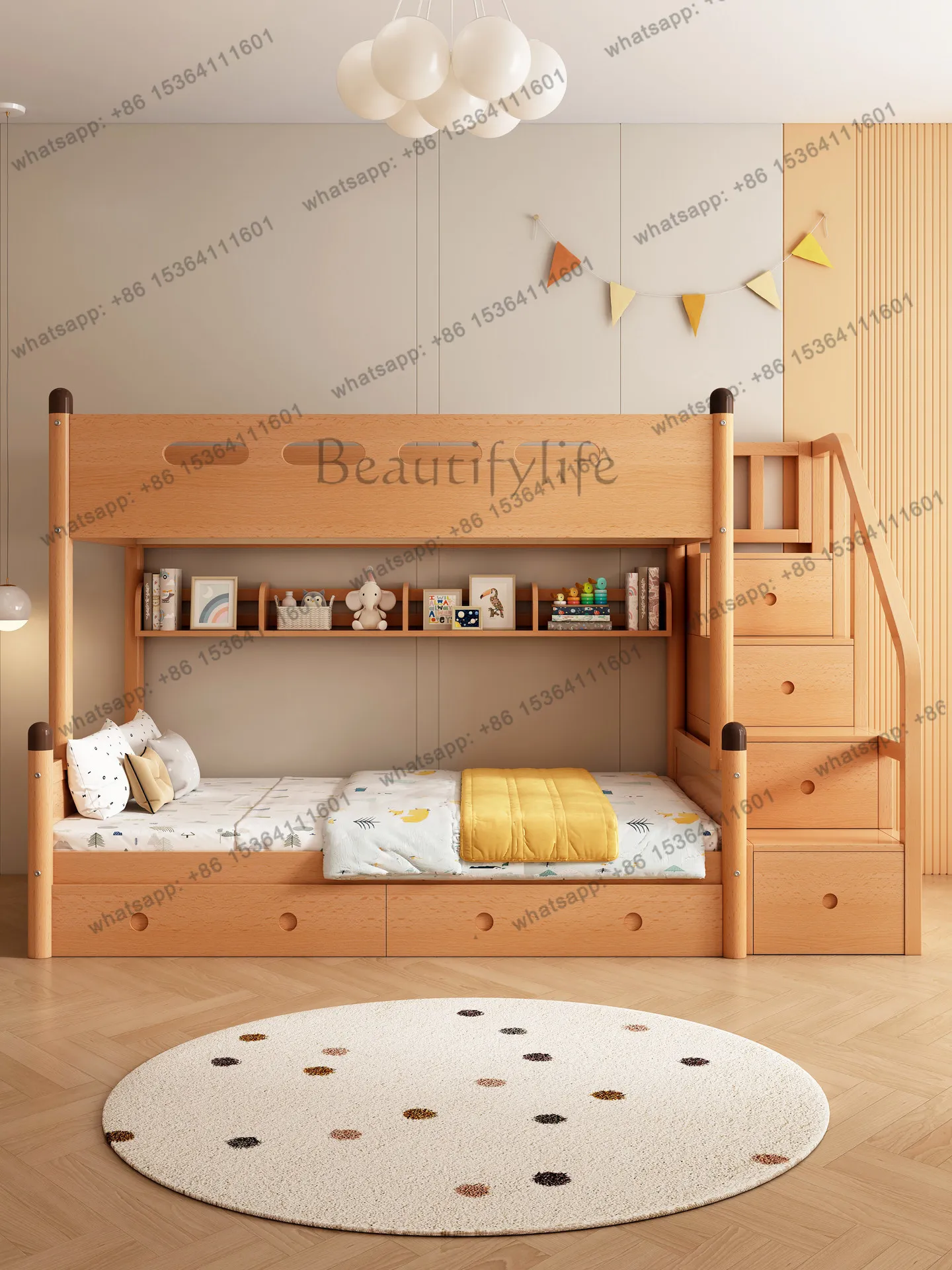 

Elevated double-layer multi-functional small apartment beech light luxury solid wood bed