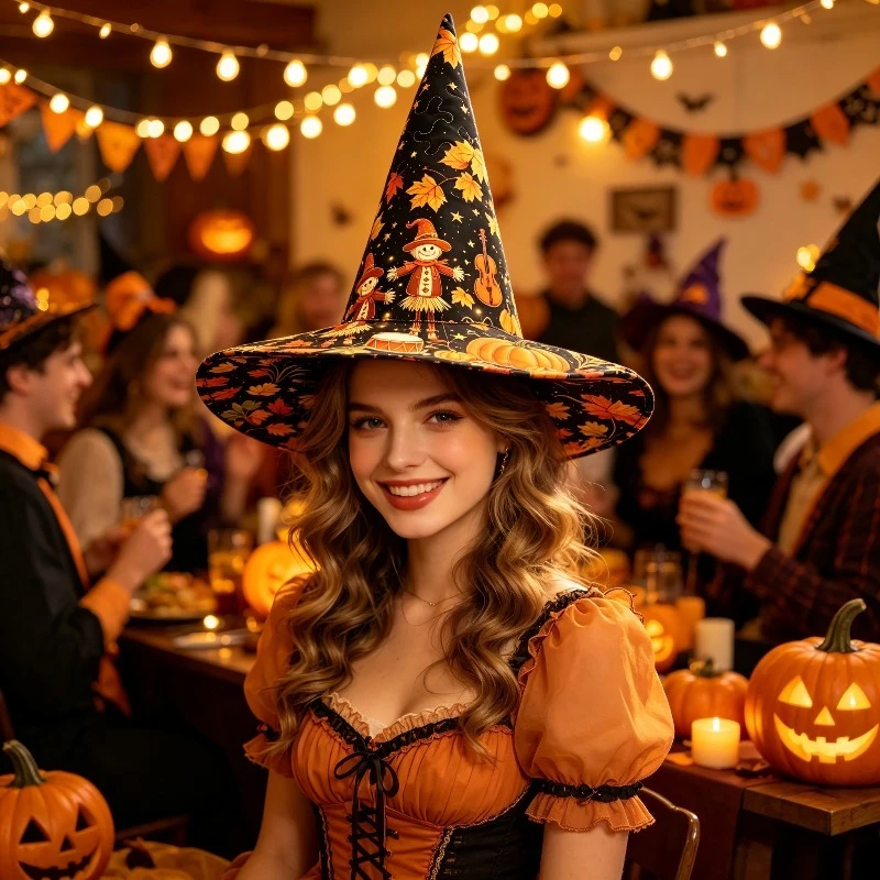 Customization For Halloween Scarecrow Pumpkin Maple Leaf Quilted Witch Hat, Star Firefly Pattern Wizard Hat, Witch Dress Up Addi
