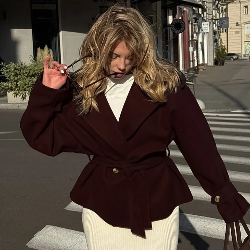 Trendix-Chaqueta Vintage con cordones para mujer, cárdigan ajustado de manga larga con solapa lisa, prendas de vestir exteriores, gabardinas con cinturón para ir al trabajo en la oficina