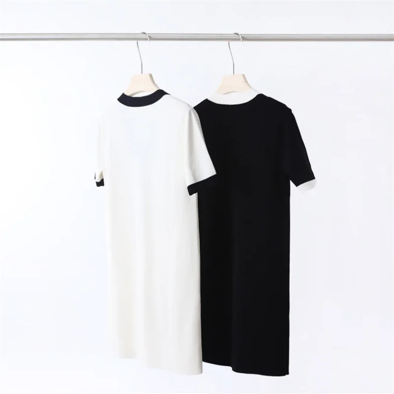 Knitted Black Dresses Women Dress Spring Summer Viscose Offce Lady Ice Silk V-neck Short-sleeved Color Contrast Cool White Skirt